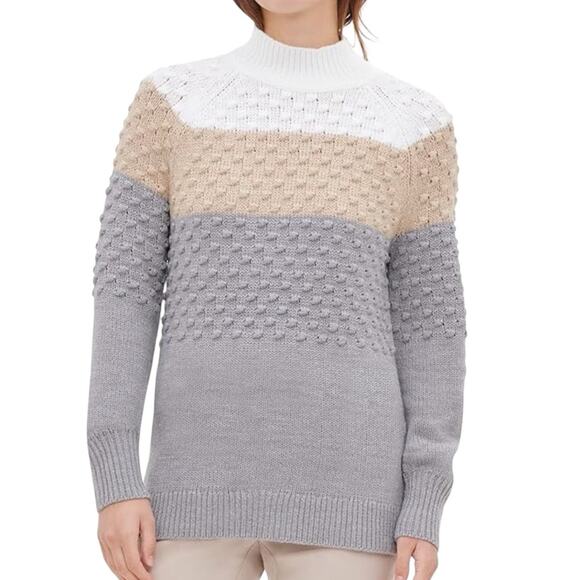 Calvin Klein Women's Colorblocked Popcorn-Knit Sweater (Latte/Granite/White) L - Picture 1 of 8